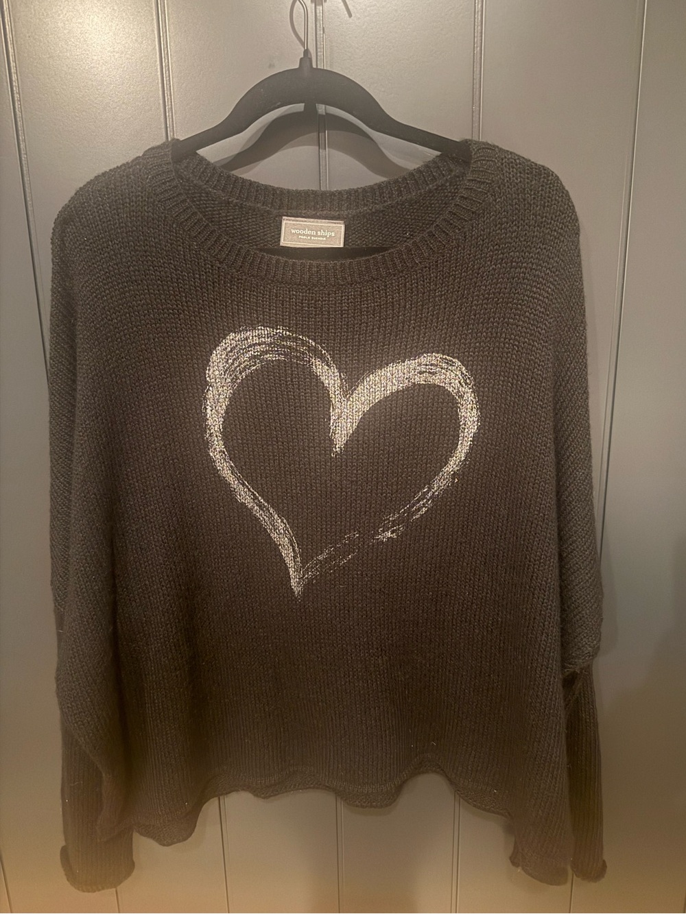 🩶 Wooden Ships Black Crewneck Sweater with Silver Heart M/L